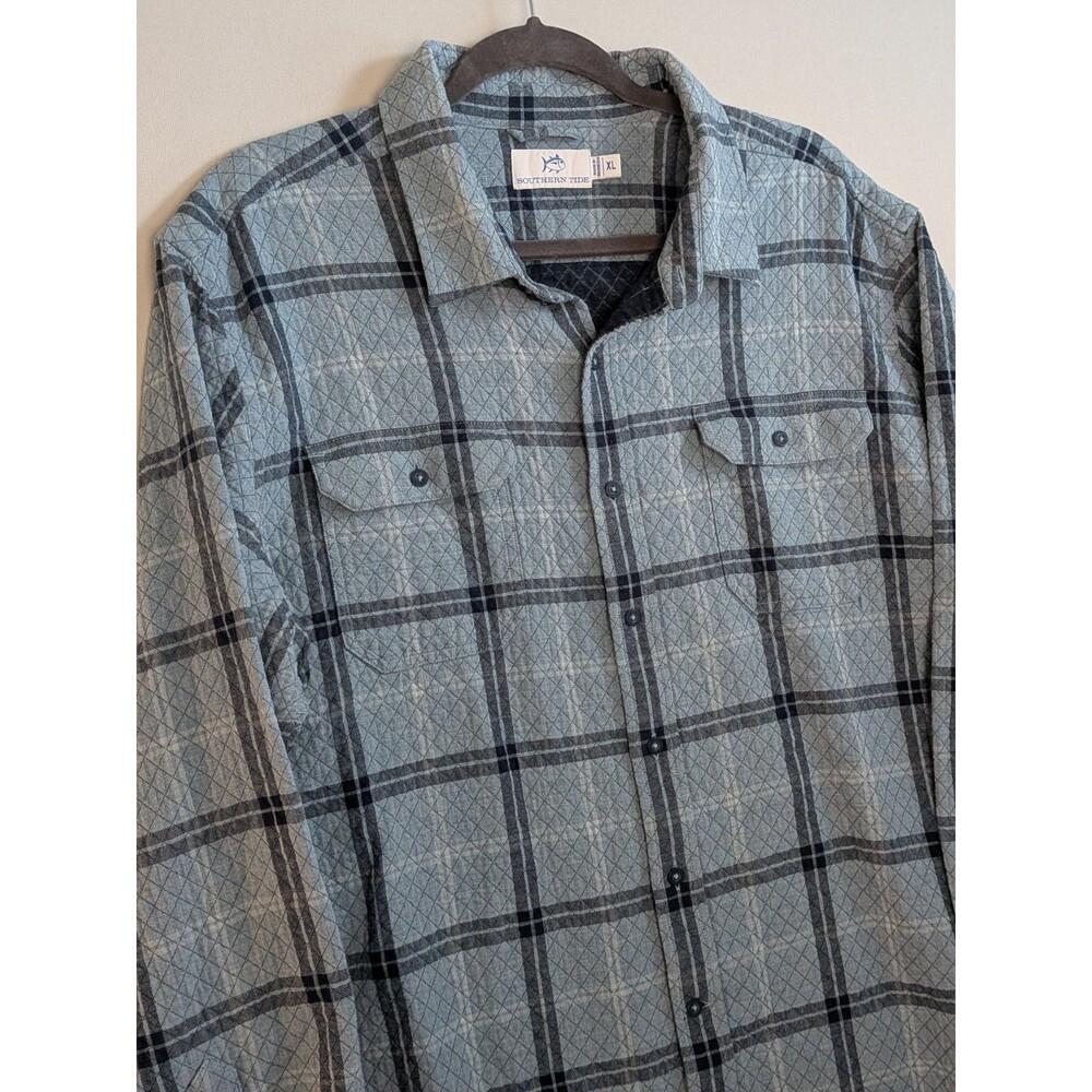 Southern Tide Mens XL Quilted Button Down Plaid Shirt Long Gray Blue Warm Casual - Picture 5 of 14